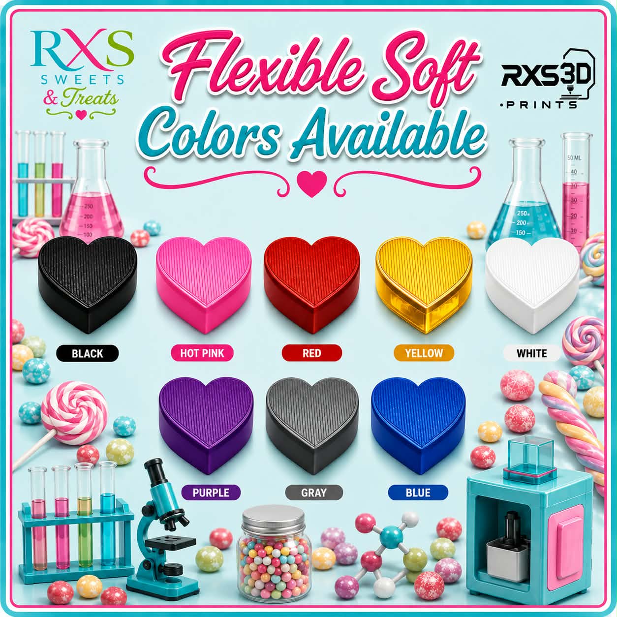10ml Heart Vial Caps – TPU - 3D printed vial caps shown in available colours