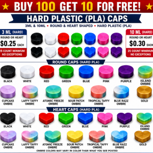 10ml Round Vial Caps – PLA - 3D printed vial caps shown in available colours