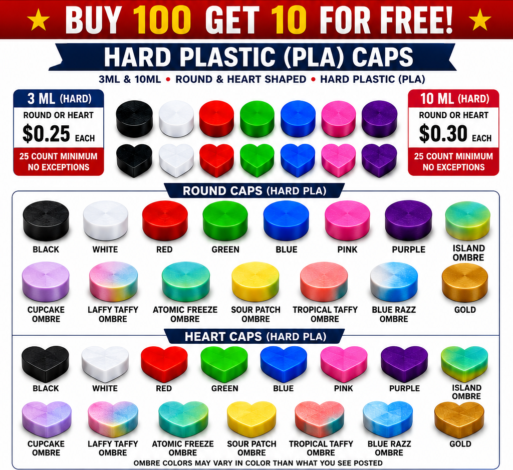 10ml Round Vial Caps – PLA - 3D printed vial caps shown in available colours