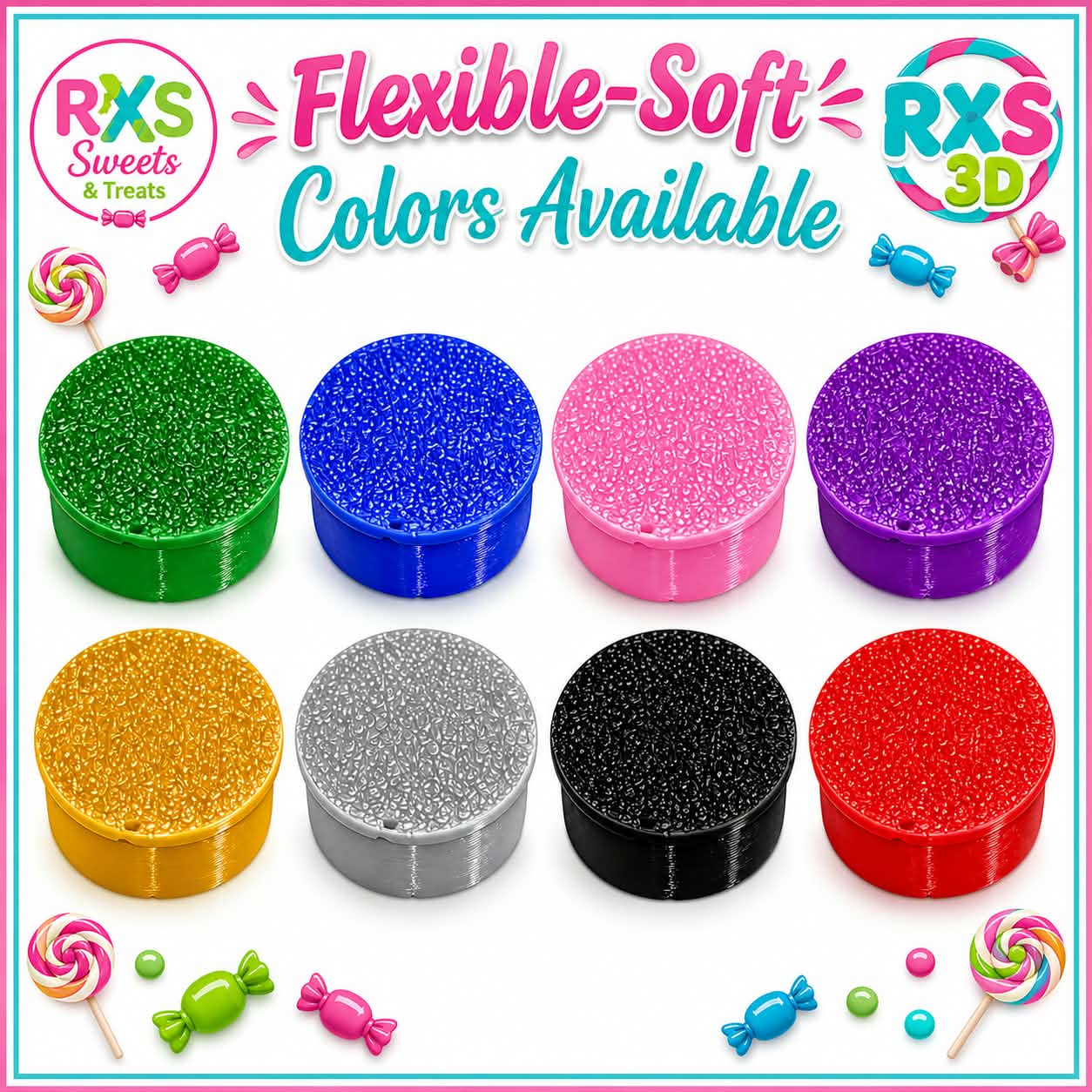 10ml Round Vial Caps – TPU - 3D printed vial caps shown in available colours