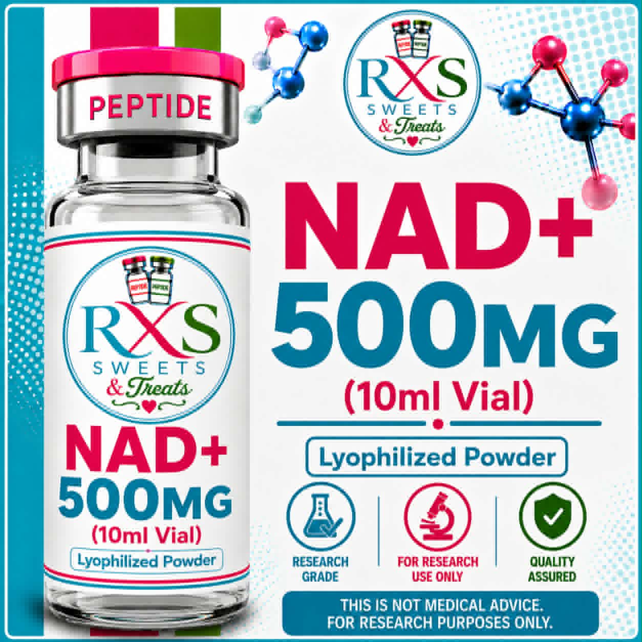 RXS-NAD+ 500mg 500mg/3mL research peptide vial, lyophilised powder for laboratory research use
